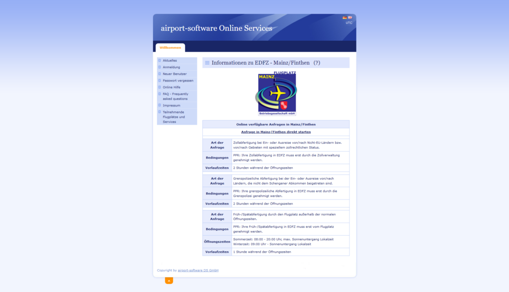 Screenshot airport software Online Services